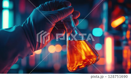 Laboratory scientist examining orange liquid in conical flask with dramatic neon lighting. Scientific research concept highlighting chemical analysis with modern technological atmosphere Laboratory scientist examining orange liquid in conical flask with dramatic neon lighting. Scientific research concept highlighting chemical analysis with modern technological atmosphere 128751690
