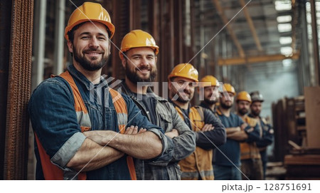 Group of confident construction workers lined up in industrial setting. Team of professional builders wearing safety gear showcasing unity and expertise in manufacturing facility Group of confident construction workers lined up in industrial setting. Team of professional builders wearing safety gear showcasing unity and expertise in manufacturing facility 128751691