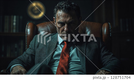businessman in a sharp suit and red tie sits in a leather chair, exuding authority and determination in a dimly lit, elegant office 128751704