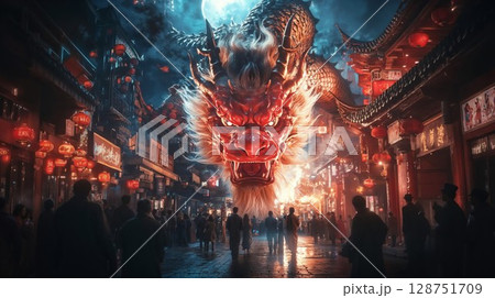 red dragon with glowing features dominates the night market, surrounded by vivid lanterns and awestruck onlookers, celebrating tradition and mythical folklore 128751709