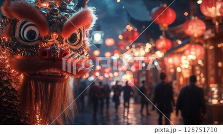 A majestic lion is elegantly dancing in front of a large crowd of onlookers 128751710