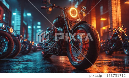 A row of shiny motorcycles are parked on a slick wet street at night 128751712