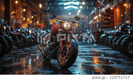 A motorcycle is parked in a garage with other motorcycles A motorcycle is parked in a garage with other motorcycles 128751717