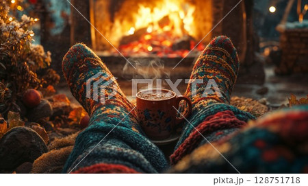 A person sits by a fireplace with a cup of hot chocolate A person sits by a fireplace with a cup of hot chocolate 128751718