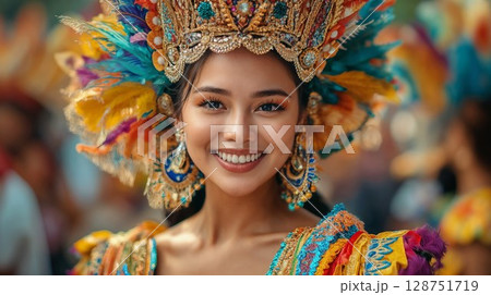 smiling festival queen adorned in a dazzling, ornate headdress and colorful outfit radiates joy and cultural pride in a lively celebration of tradition and beauty smiling festival queen adorned in a dazzling, ornate headdress and colorful outfit radiates joy and cultural pride in a lively celebration of tradition and beauty 128751719