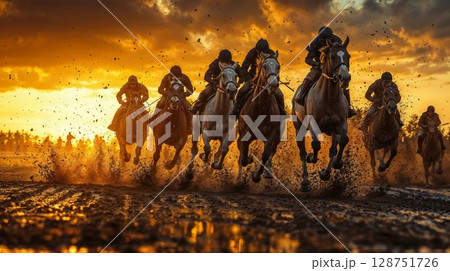People ride horses in a muddy field at sunset, creating a scene 128751726