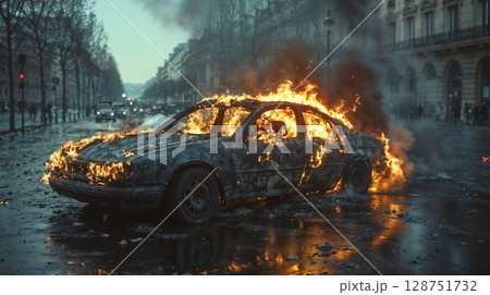 dramatic scene of a car engulfed in roaring flames during a protest, with smoke rising into a cloudy sky and reflections shimmering on the wet street below 128751732