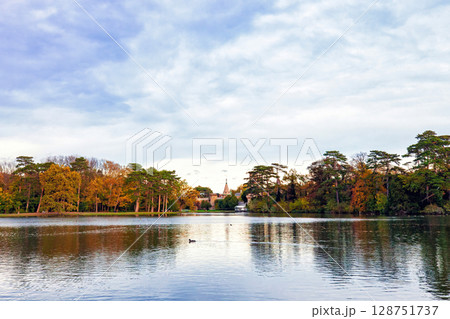 Sunset over lake in autumn Laxenburg park in Lower Austria 128751737