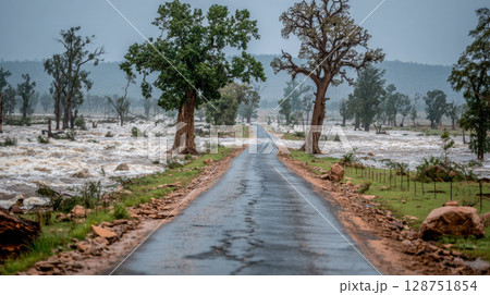 Flooded rural road with cracked edges and scattered tree branches, surrounded by rising brown floodwaters Flooded rural road with cracked edges and scattered tree branches, surrounded by rising brown floodwaters 128751854