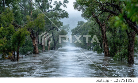 Flooded forest path with trees submerged in water, creating serene and misty atmosphere 128751855