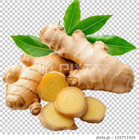Ginger root with leaf isolated on white background, PNG transparent clipart. 128751928
