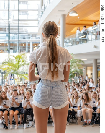 A young woman with long blonde hair, wearing a white shirt and striped shorts, addresses a large audience of teenagers in a modern shopping mall 128751994
