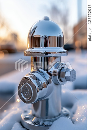 A chrome-plated drinking fountain stands in the snow, reflecting the warm sunset light 128752018