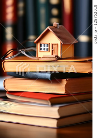 A miniature house rests on a stack of old books, symbolizing real estate law or homeownership 128752019