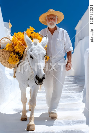Elderly man in white clothes leads a white donkey carrying a basket of yellow flowers up whitewashed steps under a bright blue sky 128752021