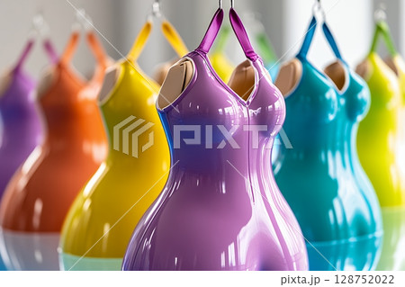 Rainbow-colored glossy female mannequins hang on hangers, showcasing a vibrant and fashionable display 128752022