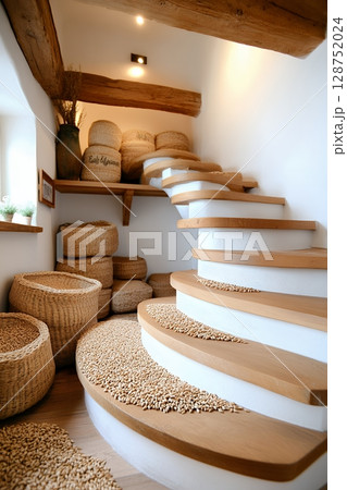 A curved wooden staircase features a unique design, adorned with grains, and surrounded by woven baskets 128752024