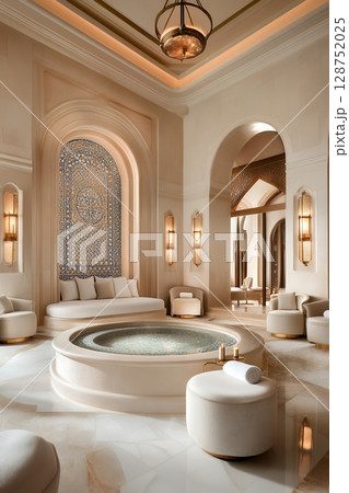 Luxurious spa interior with a circular plunge pool, plush seating, and intricate mosaic details, evoking serenity and relaxation 128752025