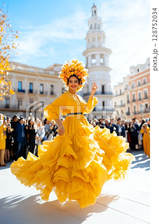 A radiant woman in a vibrant yellow ruffled gown and floral headdress poses joyfully in a sunny city square 128752034