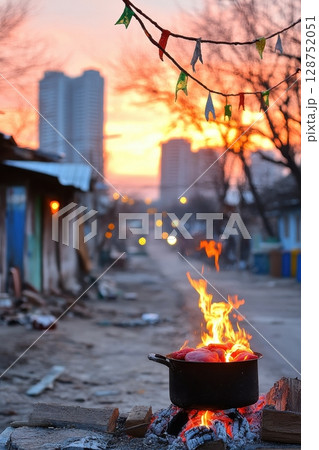 Sunset illuminates a makeshift urban setting where a pot of food simmers over an open fire, offering a poignant scene of resilience and community Sunset illuminates a makeshift urban setting where a pot of food simmers over an open fire, offering a poignant scene of resilience and community 128752051