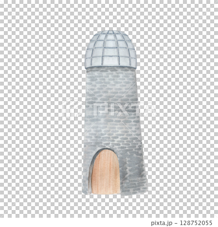 Medieval-style stone tower with a dome-shaped roof and arched wooden door. Watercolor illustration isolated on white background. Ideal for fairytales, maps, fantasy packaging, educational materials 128752055