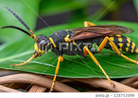 A vibrant yellow-and-black wasp perches on a lush green leaf, its intricate details sharply in focus 128752090