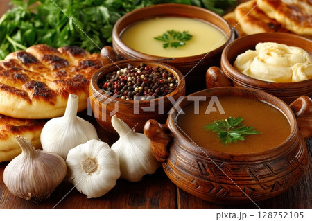 A rustic wooden table holds bowls of hearty soups, freshly baked bread, garlic, and peppercorns, creating a warm and inviting culinary scene 128752105