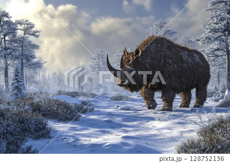 Digital illustration of a prehistoric woolly rhinoceros standing in a snow-covered winter landscape with frost-covered trees, depicting an ancient Ice Age scene 128752136