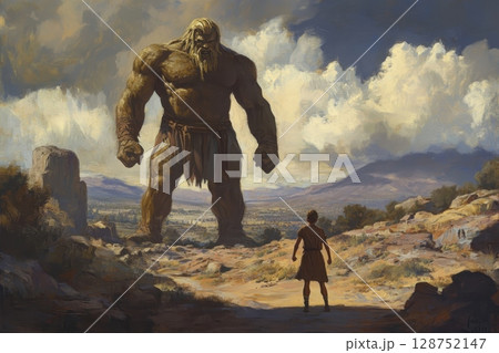 A colossal muscular giant towers over a tiny human figure in a dramatic landscape with mountains and clouds, evoking a mythical confrontation. David and Goliath 128752147