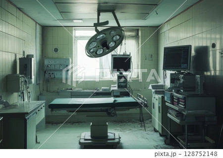An eerie, deserted operating room with vintage medical equipment, tiled walls, and a large surgical light, conveying a sense of abandonment and decay 128752148