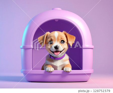 ピンク色の犬小屋の中にいる茶色い子犬 128752379