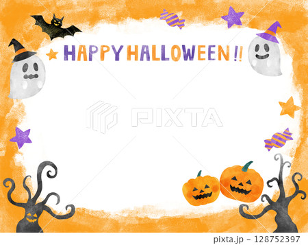 ハロウィンの水彩イラストフレーム　オレンジ 128752397