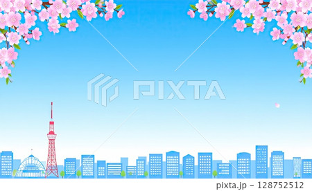 《AI画像》桜と青空のある春の街並みの風景イラスト 《AI画像》桜と青空のある春の街並みの風景イラスト 128752512