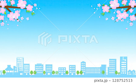 《AI画像》桜と青空のある春の街並みの風景イラスト 《AI画像》桜と青空のある春の街並みの風景イラスト 128752513