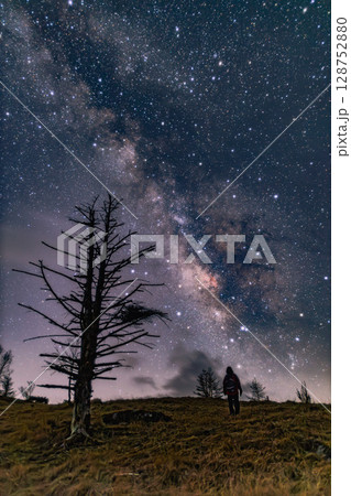 満天の星と天の川、夜空を見上げる一人の冒険者 128752880