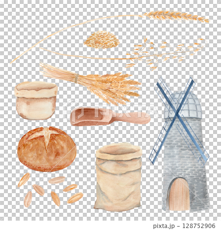 Wheat ears, grains, bread, flour sack, mill, wooden scoop, and jars. Watercolor set of farming and baking elements. Ideal for organic food branding, bakery packaging, and countryside themed designs 128752906