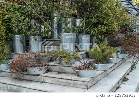 Creative Terrace Garden with Vintage Metal Planters Creative Terrace Garden with Vintage Metal Planters 128752915