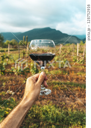 Hand Holding Red Wine Glass in Vineyard on a Summer Day 128752916