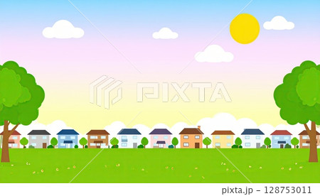 《AI画像》夕暮れの住宅街のイラスト 128753011
