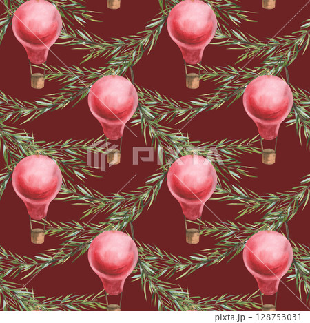 Christmas vintage seamless pattern on red for seasonal packing. Watercolor Evergreen spruce branch with red vintage balloon background for New year and winter season wallpaper,invitation design Christmas vintage seamless pattern on red for seasonal packing. Watercolor Evergreen spruce branch with red vintage balloon background for New year and winter season wallpaper,invitation design 128753031