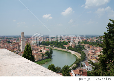 Panorama of an Italian city with a river and historic architecture. Verona. Panorama of an Italian city with a river and historic architecture. Verona. 128753149
