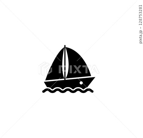 Simple black sailboat silhouette icon on water. Minimalist nautical design for marine concepts. 128753281