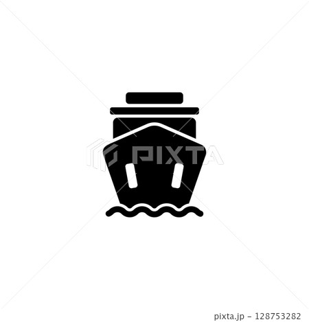Minimalist black cruise ship icon with waves. Simple design for maritime and travel concepts. 128753282