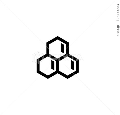 Minimalist black icon of three interconnected hexagons. Abstract geometric design for various concepts. 128753283