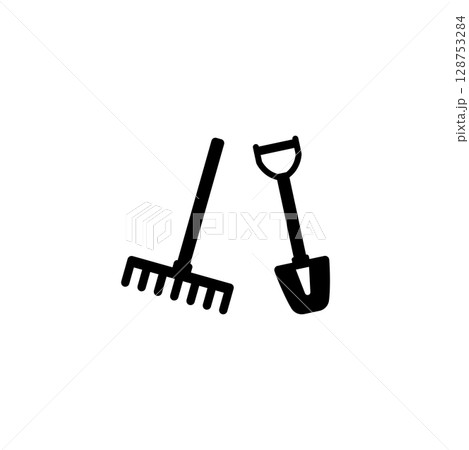 Simple black icons of rake and shovel. Minimalist design for gardening and agriculture concepts. 128753284