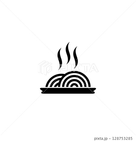Simple black icon of hot pasta on a plate. Minimalist design for food and cuisine concepts. 128753285