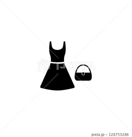 Simple black icons of a dress and handbag. Minimalist design for fashion and accessories concepts. 128753286