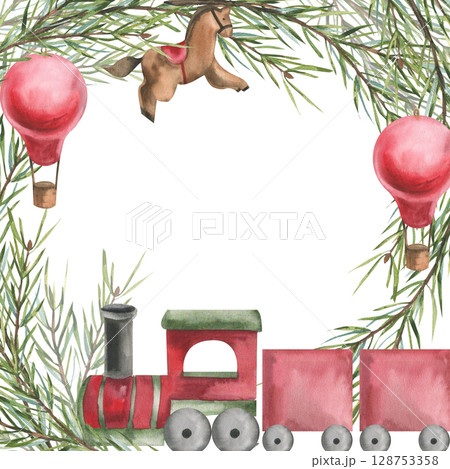 Christmas retro watercolor banner with red festive train,spruce branches,red ball,wooden horse toy illustration. Hand drawn New year frame, winter festive clipart for card, poster, invitation design 128753358