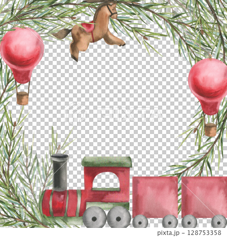 Christmas retro watercolor banner with red festive train,spruce branches,red ball,wooden horse toy illustration. Hand drawn New year frame, winter festive clipart for card, poster, invitation design 128753358