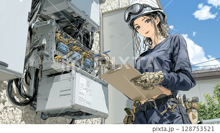 建設現場で配電盤を確認する女性のイラスト素材 128753521